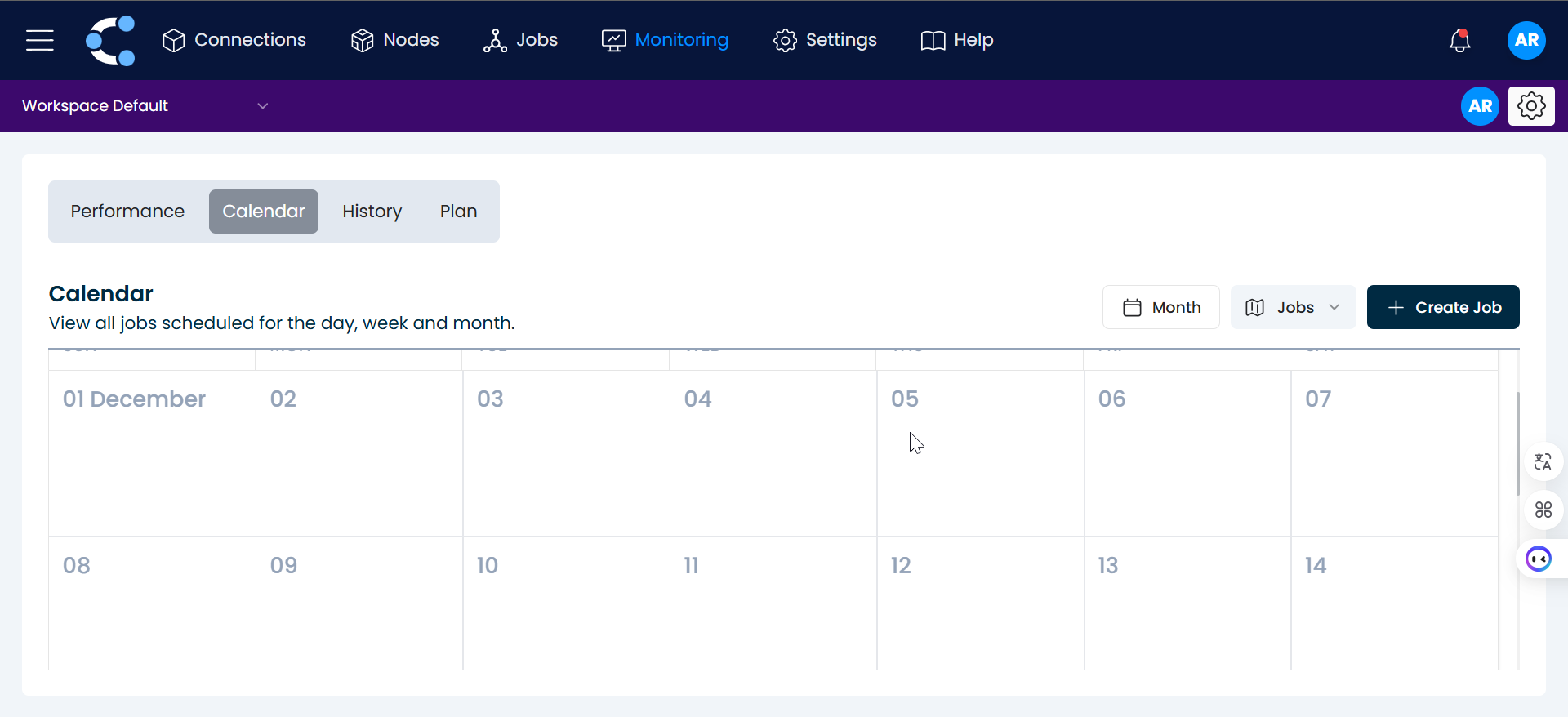 Calendar view showing scheduled jobs with daily, weekly, and monthly views
