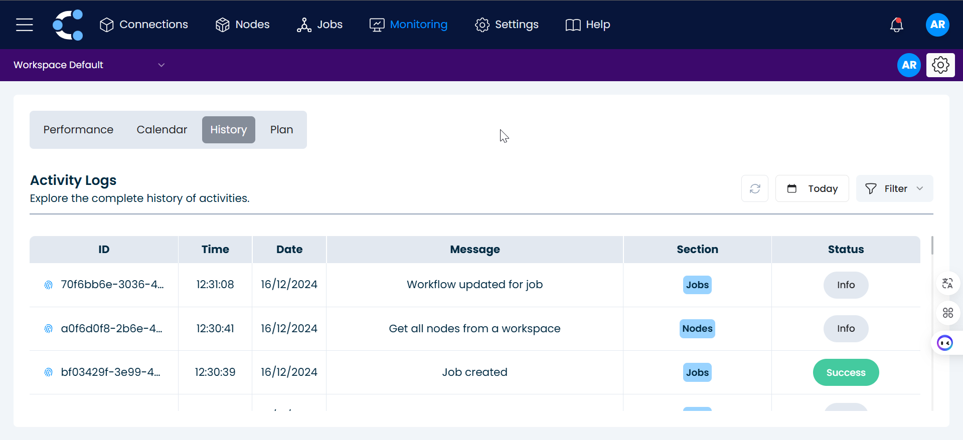 History log showing past job executions with timestamps and status information