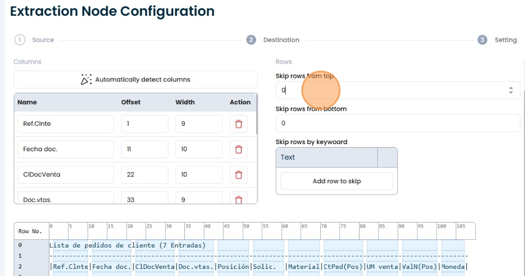 Navegación a Report Settings para detectar columnas