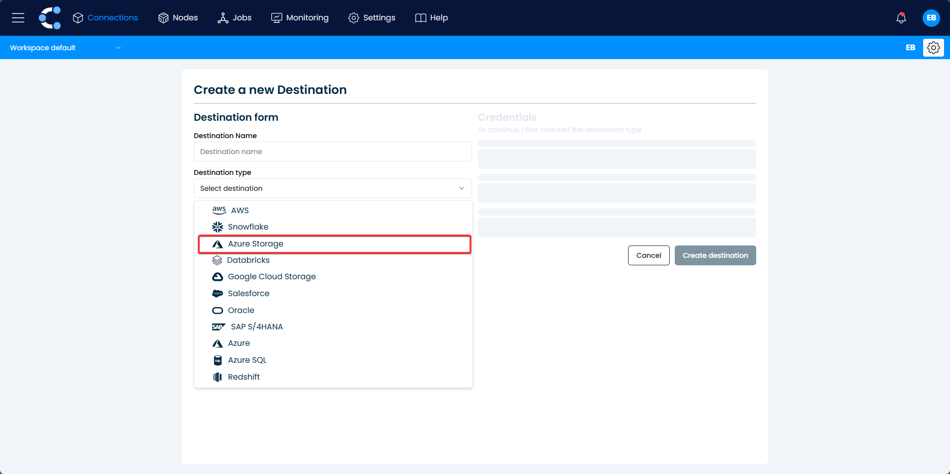 Select the destination type