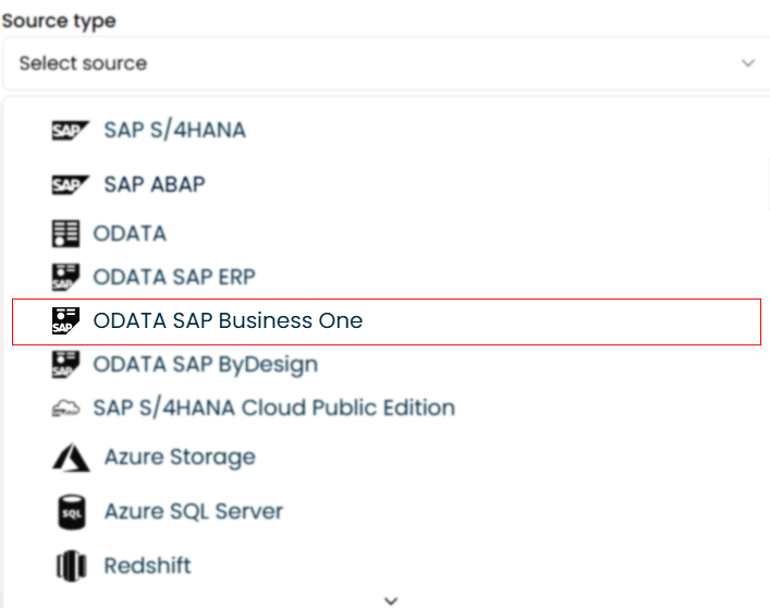 Ilustración que muestra la selección del tipo de fuente OData en la configuración de integración SAP.