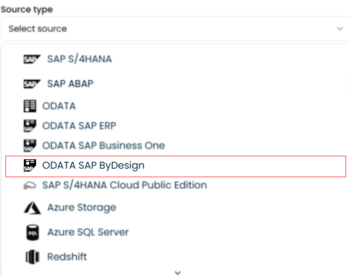 Ilustración que muestra la selección del tipo de fuente OData en la configuración de integración SAP.