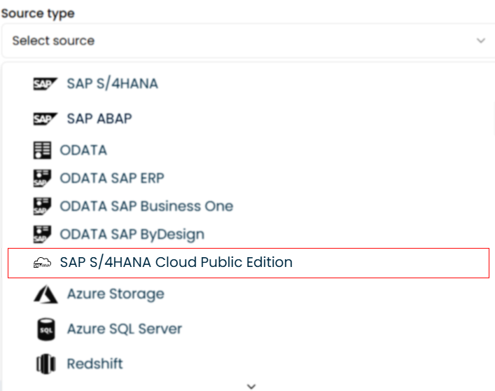Ilustración que muestra la selección del tipo de fuente OData en la configuración de integración SAP.