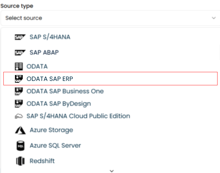 Ilustración que muestra la selección del tipo de fuente OData en la configuración de integración SAP.