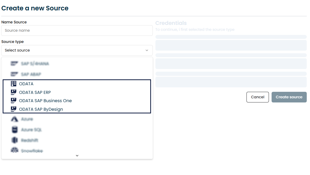 Ilustración que muestra la selección del tipo de fuente OData en la configuración de integración SAP.